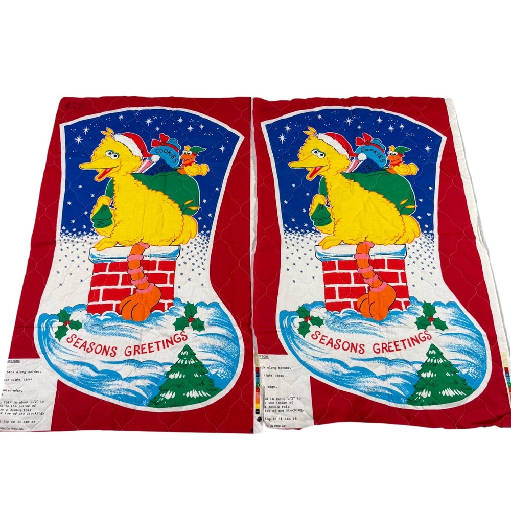 Vintage Sesame Street Big Bird Christmas Stocking Quilted Fabric Panel 2pc Set